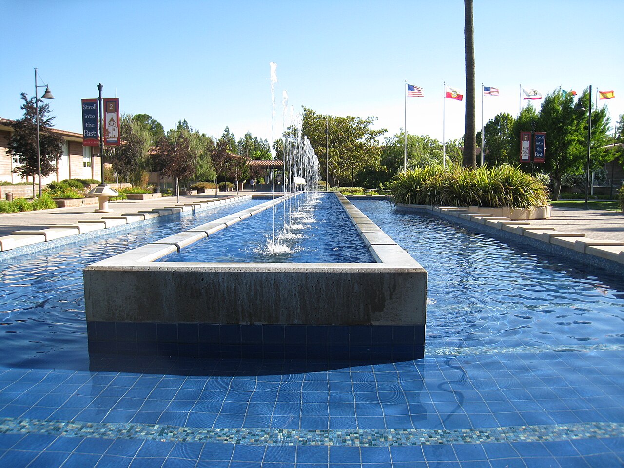 Fountains and flagpoles at the Santa Clara Civic Center plaza