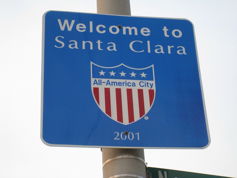 Road sign reading Welcome to Santa Clara, All-America City 2001